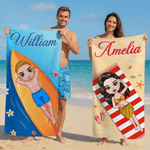 Personalisiertes Strandtuch in Übergröße mit Namen und Cartoonfigur im sommerlichen Design Optional mit Turnbeutel Sommerausflug Geschenk für Familie