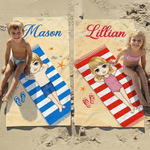 Personalisiertes Strandtuch in Übergröße mit Namen und Cartoonfigur im sommerlichen Design Optional mit Turnbeutel Sommerausflug Geschenk für Familie