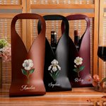 Personalised Mother of Pearl Effect Birth Flower PU Leather Wine Bag with Name and Handle Protective Wine Accessories Dinner Party Gift for Wine Lover