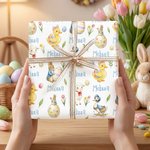 Personligt omslagspapper med namn för Peter Rabbit påskägg tecknad anka Uppsättning med 3 påskpresenter för barn