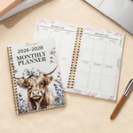 Personlig akvarell Highland Cow Name 2026-2028 Spiral Planner Notebook med månedlige planleggersider Bursdag nyttårsgave til familie og venner