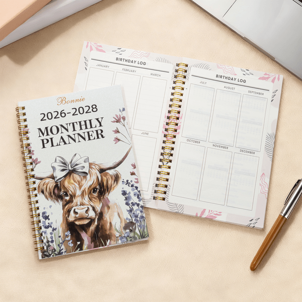 Personalized Watercolor Highland Cow Name 2026-2028 Spiral Planner Notebook with Monthly Planner Pages Birthday New Year Gift for Family Friends