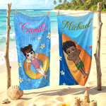 Personalisiertes Strandtuch in Übergröße mit Namen und Cartoonfigur im sommerlichen Design Optional mit Turnbeutel Sommerausflug Geschenk für Familie