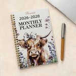 Personalized Watercolour Highland Cow Name 2026-2028 Spiral Planner Notebook with Monthly Planner Pages Birthday New Year Gift for Family Friends
