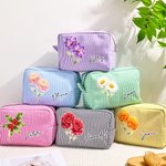 Personalized Multicolor Birth Flower Striped Makeup Bag with Name Daily Travel Essential Birthday Gift for Women