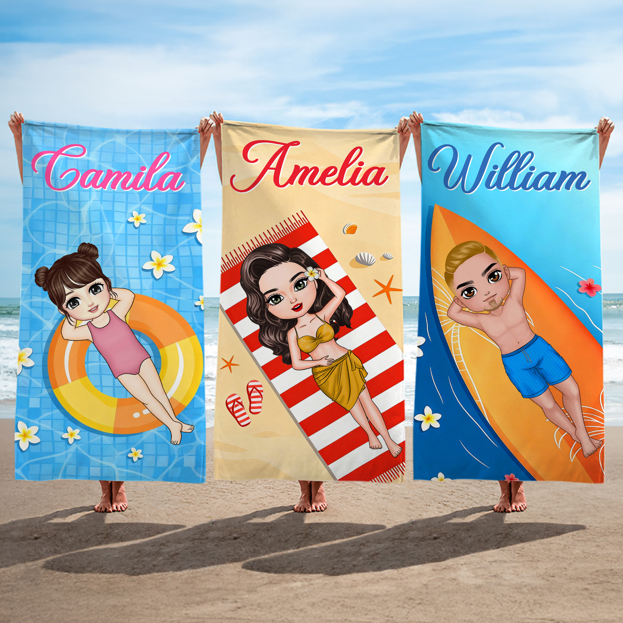 Personalisiertes Strandtuch in Übergröße mit Namen und Cartoonfigur im sommerlichen Design Optional mit Turnbeutel Sommerausflug Geschenk für Familie