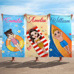 Personalisiertes Strandtuch in Übergröße mit Namen und Cartoonfigur im sommerlichen Design Optional mit Turnbeutel Sommerausflug Geschenk für Familie