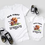Camiseta personalizada Highland Cow Daddy and Baby 100% Cotton Baby Onesie Matching Outfit Nuestro primer día del padre juntos Regalo para el nuevo papá Bebé
