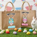 Personalized Happy Easter Sunglasses Bunny Large Jute Tote Bag with Name Easter Party Gift for Kids