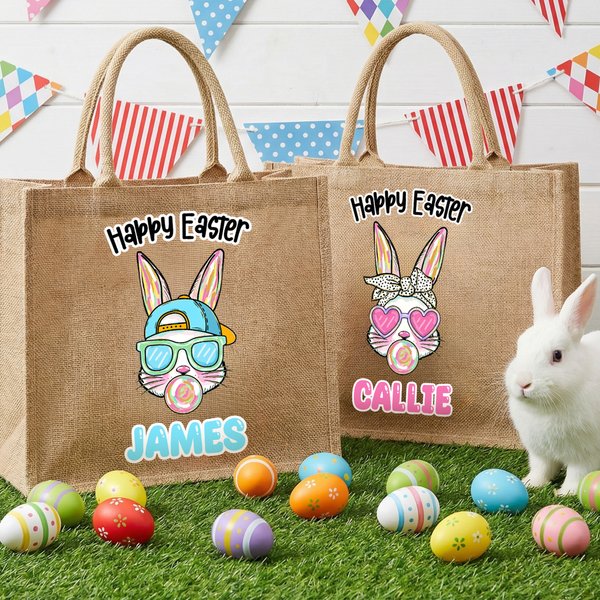 Personalized Happy Easter Sunglasses Bunny Large Jute Tote Bag with Name Easter Party Gift for Kids