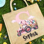 Huevo de Pascua con oreja de conejo personalizado Bolsa de yute grande con nombre e inicial Fiesta de Pascua Regalo para niños Niñas