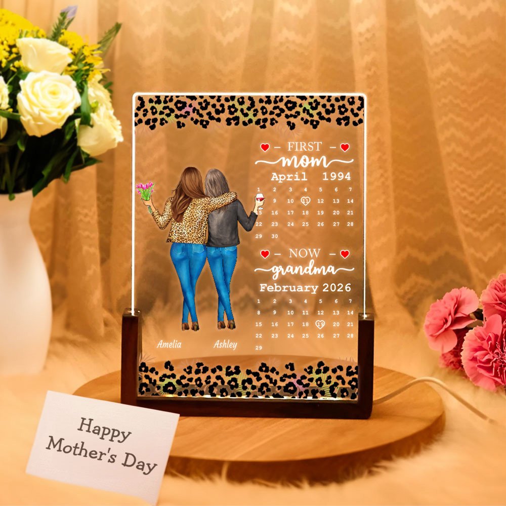 Lámpara de noche LED personalizada con estampado de leopardo para madre e hija con base de madera Decoración de escritorio para el hogar Regalo de cumpleaños para el Día de la Madre para mamá y abuela 2