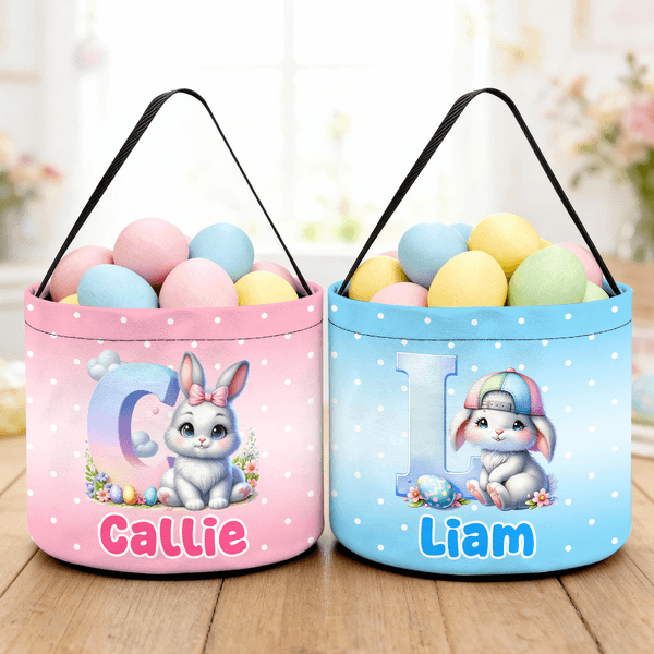 Personalisierte niedliche Kaninchen Polka Dot Osterkorb mit Namen und Initialen täglichen Gebrauch Ostereierjagd Geschenk für Jungen Mädchen