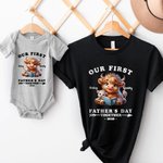 Camiseta personalizada Highland Cow Daddy and Baby 100% Cotton Baby Onesie Matching Outfit Nuestro primer día del padre juntos Regalo para el nuevo papá Bebé