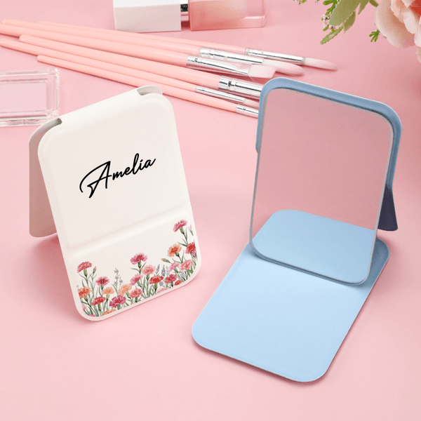 Personalized Watercolor Birth Flower PU Leather Foldable Makeup Mirror with Name Travel Essential Birthday Gift for Women Besties
