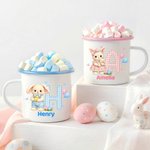 Personalisierte Plaid Bunny Initial 12 oz Emaille Becher mit Namen täglichen Gebrauch Ostereierjagd Party Geschenk für Kinder Mädchen Jungen