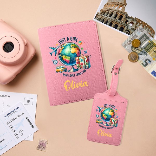 Personalisierte nur ein Mädchen, das Reisen PU Leder Passport Holder Gepäckanhänger mit Namen Geburtstag Geschenk für Mädchen liebt