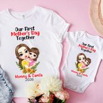 Personalized Sunflower Cartoon Mother and Child 100% Cotton Bodysuit and T-shirt Set First Mother's Day Baby Shower Gift for Baby Mom