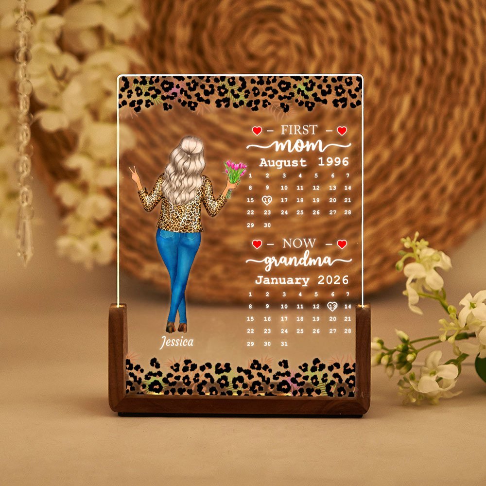 Lámpara de noche LED personalizada con estampado de leopardo para madre e hija con base de madera Decoración de escritorio para el hogar Regalo de cumpleaños para el Día de la Madre para mamá y abuela 1