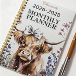 Personalized Watercolour Highland Cow Name 2026-2028 Spiral Planner Notebook with Monthly Planner Pages Birthday New Year Gift for Family Friends