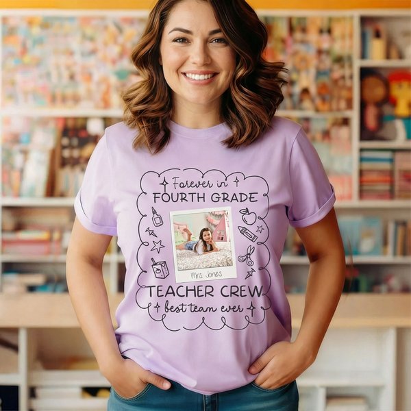 Personalized Forever In Teacher Crew Photo Design Multicolor 100% Cotton T-shirt with Text Teacher Appreciation Back to School Gift for Teachers