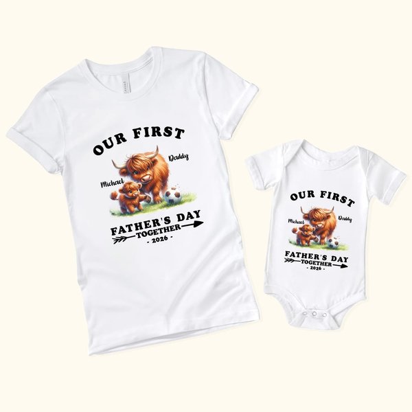 Camiseta personalizada Highland Cow Daddy and Baby 100% Cotton Baby Onesie Matching Outfit Nuestro primer día del padre juntos Regalo para el nuevo papá Bebé