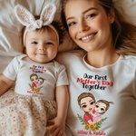 Personalized Sunflower Cartoon Mother and Child 100% Cotton Bodysuit and T-shirt Set First Mother's Day Baby Shower Gift for Baby Mom
