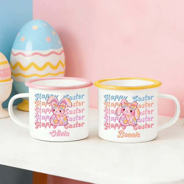 Personalised Happy Easter Sequin Y2K Bunny 12 oz Enamel Mug with Name Daily Use Easter Gift for Kids