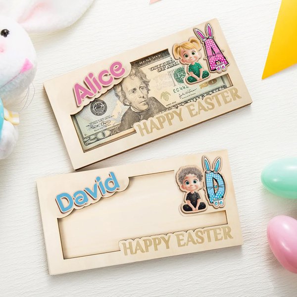 Porte-monnaie en bois avec nom et initiales Personnalisé Personnalisé Personnalisé Personnage lapin en bois avec nom et initiales Fête de Pâques Cadeau pour enfants