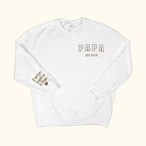 Personalized Faux Embroidered Heart on Sleeve T-Shirt Sweatshirt Hoodie with Est Year and 1-5 Kid Names Father's Day Gift for Dad Grandpa