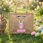 Personalized Happy Easter Sunglasses Bunny Large Jute Tote Bag with Name Easter Party Gift for Kids