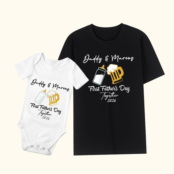 Personalised Baby Bottle and Beer Mug 100% Cotton T-shirt and Baby Onesies with Text Father's Day Birthday Gift for Kid Dad