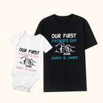 Personalisierte 100% Baumwolle Faust Bump Our First Vatertag T-Shirt und Baby Onesie mit Namen und Jahr Geschenk für neue Papa Baby