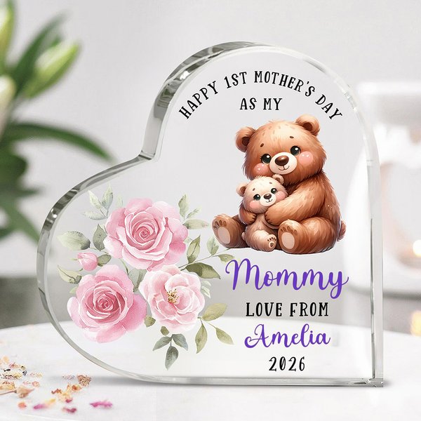 Personalized Happy 1st Mother's Day Cute Animal Heart-shape Acrylic Plaque with Name Desk Decor Mother's Day Birthday Gift for Mom