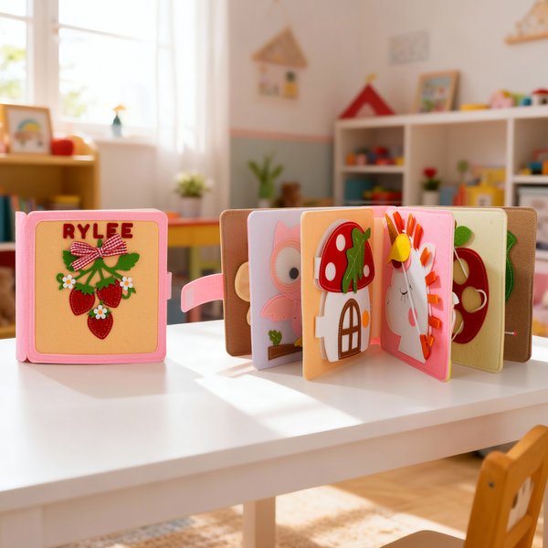 Personlig søt bjørn løve jordbær håndlaget filt barn stille bok med navn bursdag baby shower gave til barn