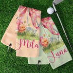 Personalisierte Floral Bow Golf Classic Quick Dry Waffel Golf Handtuch mit Namen und Karabiner Clip Golf Zubehör Geburtstagsgeschenk für Golfspieler