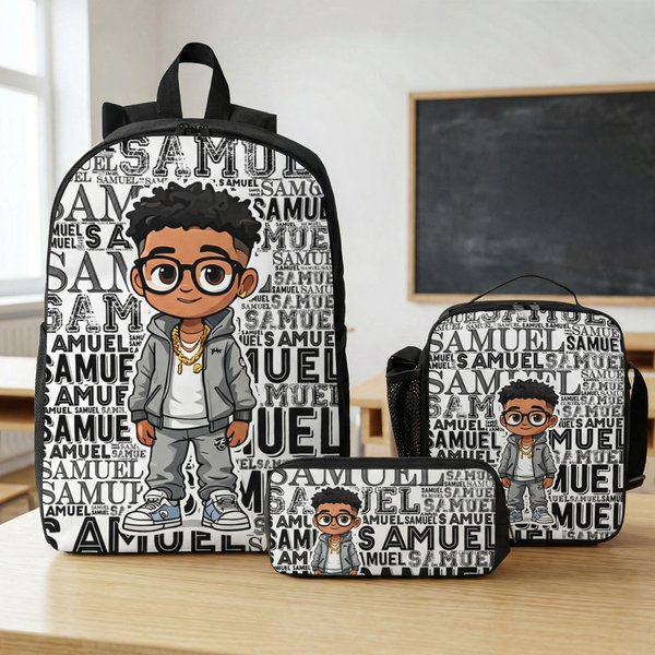 Personalized Cute Cartoon Black Boy Word Cloud Backpack Lunch Bag Pencil Case Set with Name Back to School Birthday Gift for Boys