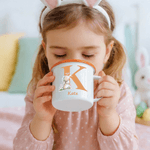 Personalized Cute Wreath Flower Easter Bunny 12 oz Coloured Rim Enamel Mug with Name and Initial Easter Birthday Gift for Boys Girls