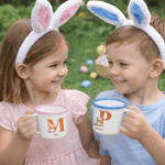 Personalized Cute Wreath Flower Easter Bunny 12 oz Coloured Rim Enamel Mug with Name and Initial Easter Birthday Gift for Boys Girls