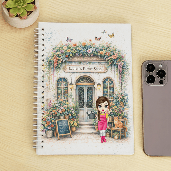 Personalized Boho Gardening Cartoon Character Butterfly A5 Spiral Notebook with Name and 120 Lined Pages Daily Use Birthday Gift for Besties Friends