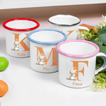 Personalized Cute Wreath Flower Easter Bunny 12 oz Coloured Rim Enamel Mug with Name and Initial Easter Birthday Gift for Boys Girls