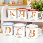 Personalized Cute Wreath Flower Easter Bunny 12 oz Coloured Rim Enamel Mug with Name and Initial Easter Birthday Gift for Boys Girls