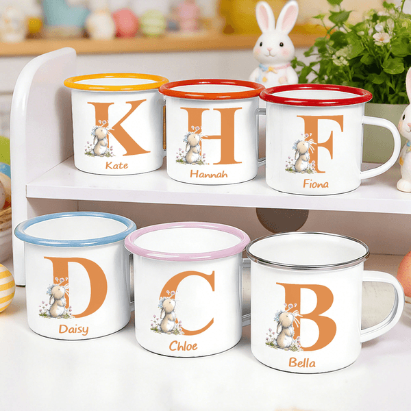 Personalised Cute Wreath Flower Easter Bunny 12 oz Coloured Rim Enamel Mug with Name and Initial Easter Birthday Gift for Boys Girls