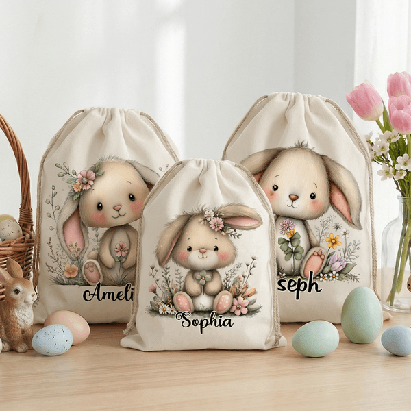 Personalized Floral Easter Bunny Large Capacity Drawstring Canvas Treat Bag with Name Holiday Party Favors Gift for Kids Family