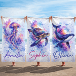 Personalisiertes Strandtuch im Aquarellstil | mit Meeres­tier-Motiv und Namen | in Übergröße erhältlich | Sommerausflug Geschenk für Familie Freunde