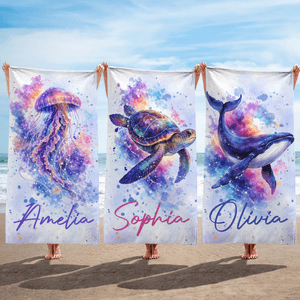 Serviette de plage personnalisée avec motif d'animaux marins et nom - Style aquarelle - Cadeau d'anniversaire pour femme fille famille