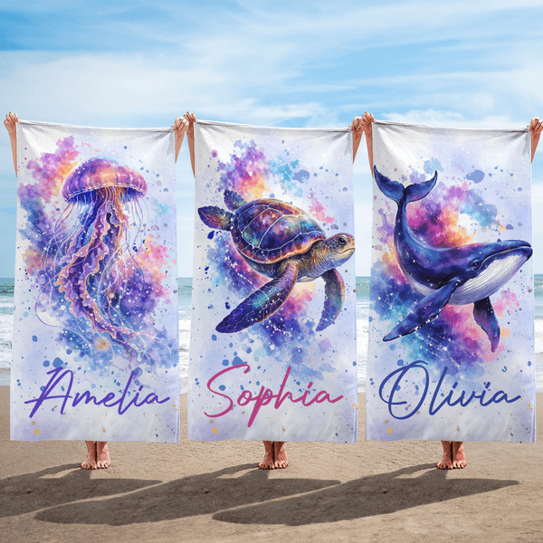 Toalla de playa personalizada con nombre, estilo acuarela, animal oceánico, de gran tamaño y secado rápido, esencial para viajes, regalo de cumpleaños para fiesta en la playa para mujeres y niñas
