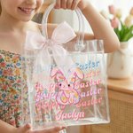 Personlig Happy Easter Y2K Bunny Transparent presentpåse med namn och rosa rosettband Äggjakt Festprylar Påskpresent till barn