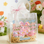Henkilökohtainen Happy Easter Y2K Bunny läpinäkyvä lahja laukku nimi ja vaaleanpunainen keula nauha Egg metsästys osapuoli suosii pääsiäinen lahja lapsille