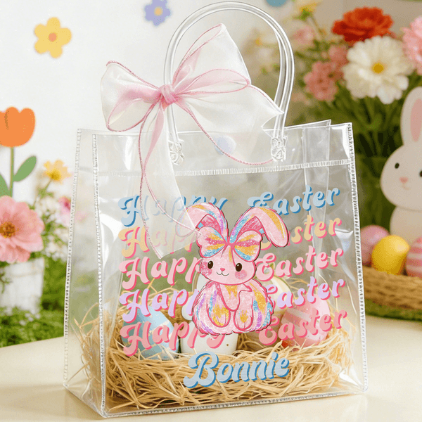 Personalised Happy Easter Y2K Bunny Transparent Gift Bag with Name and Pink Bow Ribbon Egg Hunting Party Favors Easter Gift for Kids